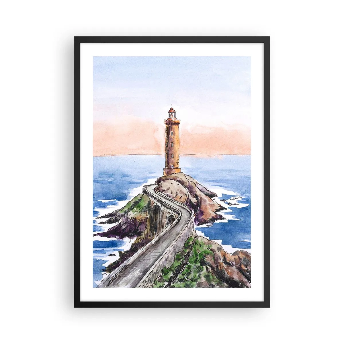 Poster in cornice nera - Illustrazione ad acquerello di un faro su una costa rocciosa - 50x70cm - Rivolto verso il mare - Decorazione murale moderna per soggiorno e camera da letto ARTTOR