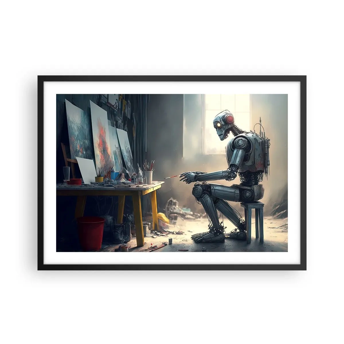 Poster in cornice nera - Un robot che dipinge un quadro in uno studio d'arte - 70x50cm - Atto creativo - Decorazione murale moderna per soggiorno e camera da letto ARTTOR