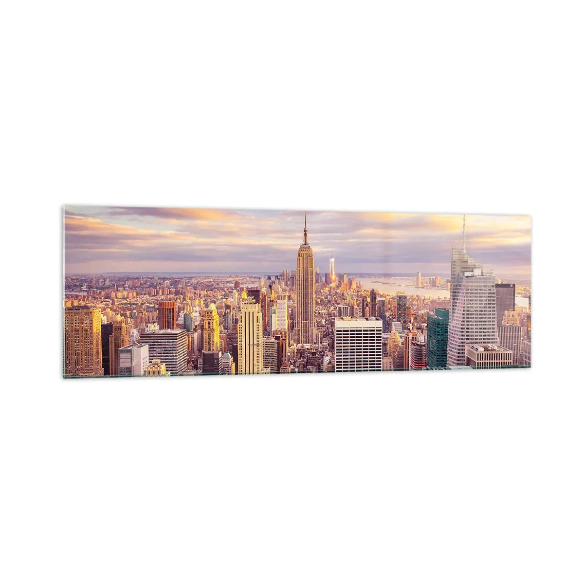 Quadro su vetro - Panorama di una città moderna con grattacieli al tramonto - 160x50cm - Toccando le nuvole - Decorazione murale moderna per soggiorno e camera da letto ARTTOR