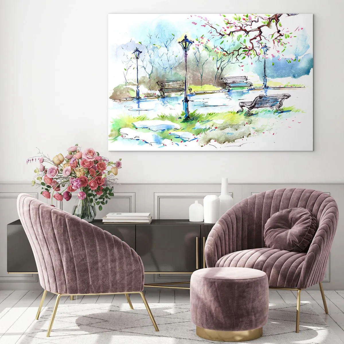 Quadro su vetro - Dipinto ad acquerello di una scena di parco con panchine e lanterne - 100x70cm - Il fascino del silenzio del parco - Decorazione murale moderna per soggiorno e camera da letto ARTTOR