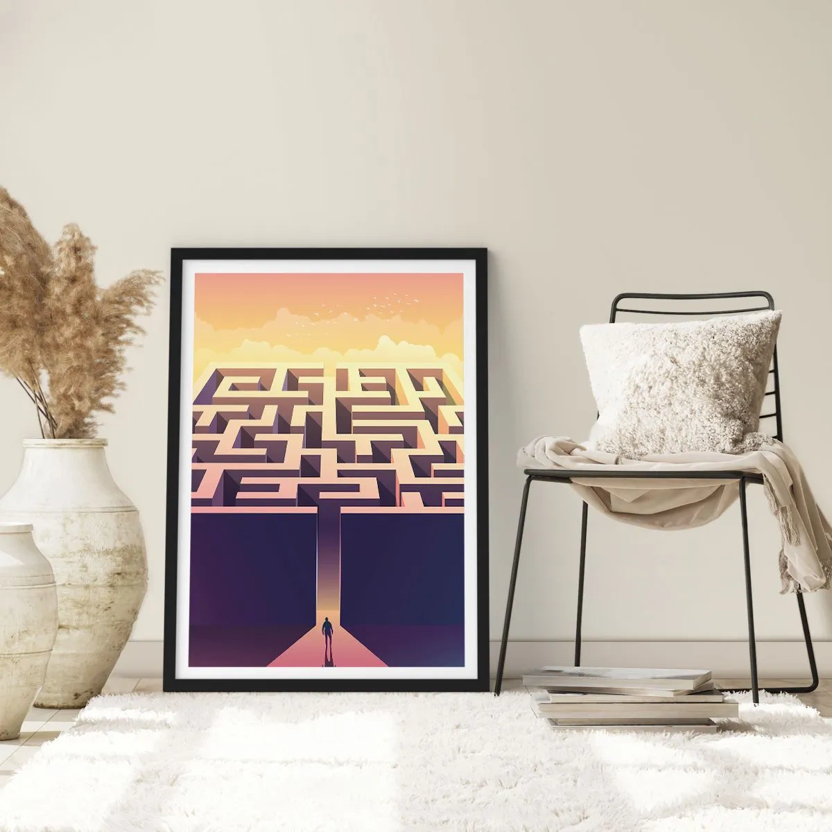 Poster in cornice nera - Un labirinto simbolico nella luce dorata - 50x70cm - Il momento delle decisioni - Decorazione murale moderna per soggiorno e camera da letto ARTTOR