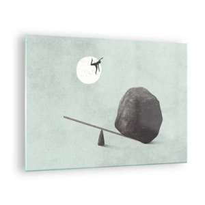 Quadro su vetro - Una scena minimalista con un uomo che vola verso la luna. - 70x50cm - Sogno adempiuto - Decorazione murale moderna per soggiorno e camera da letto ARTTOR