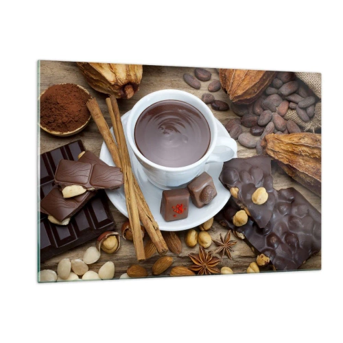 Quadro su vetro - Una tazza di cioccolata calda con guarnizioni su uno sfondo rustico - 120x80cm - Dalla fantastica fabbrica di cioccolato - Decorazione murale moderna per soggiorno e camera da letto ARTTOR