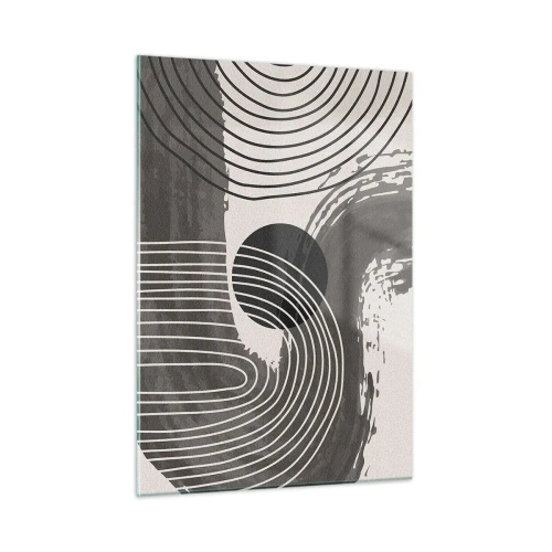 Quadro su vetro - Astrazione moderna con linee bianche e nere e un ovale - 50x70cm - L'ovale vittorioso - Decorazione murale moderna per soggiorno e camera da letto ARTTOR