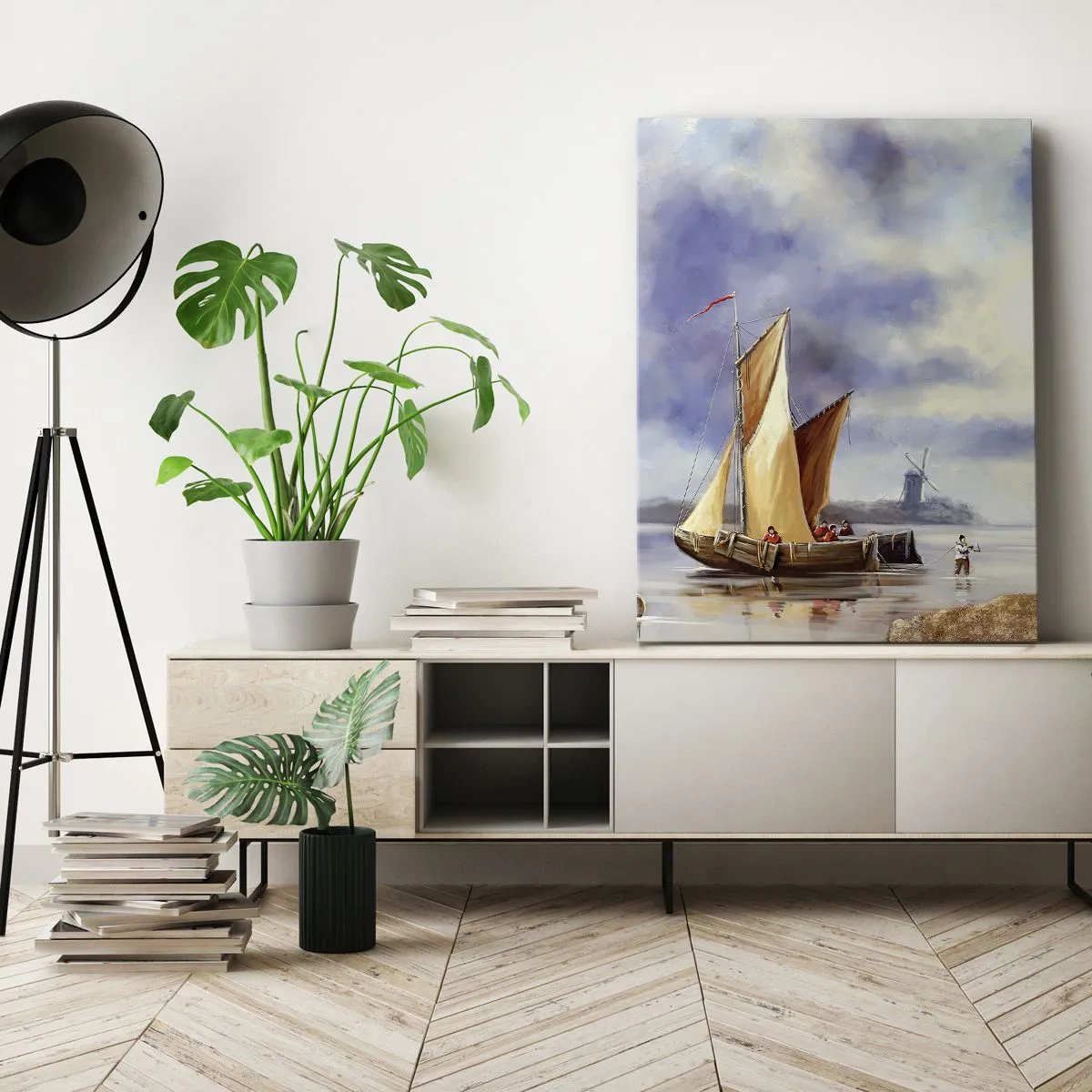 Quadro su tela - Stampe su Tela - Barche a vela su acque calme con mulini a vento sullo sfondo - 50x70cm - Il ritorno dei marinai - Decorazione murale moderna per soggiorno e camera da letto ARTTOR