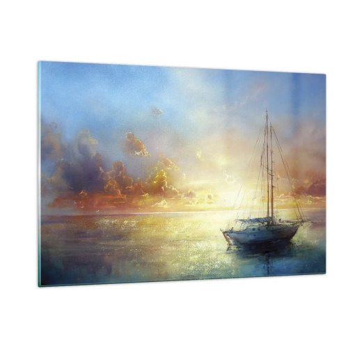 Quadro su vetro - Una barca a vela su un mare calmo al tramonto dorato - 120x80cm - Nella baia dorata - Decorazione murale moderna per soggiorno e camera da letto ARTTOR