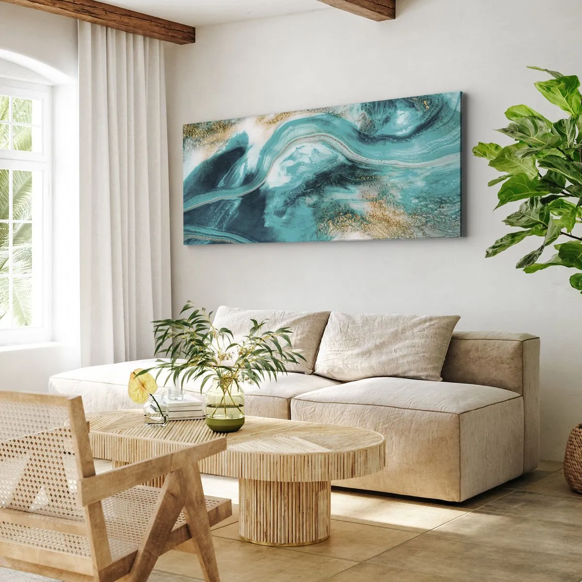 Quadro su tela - Stampe su Tela - Astrazione turchese con accenti bianchi e dorati - 160x50cm - Il fiume d'oro - Decorazione murale moderna per soggiorno e camera da letto ARTTOR