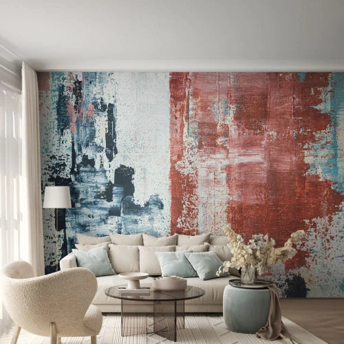 Fotomurali Premium Sand - Composizione astratta con rosso e blu - 100x70cm - Astratto in due metà - Decorazione murale moderna per soggiorno e camera da letto ARTTOR