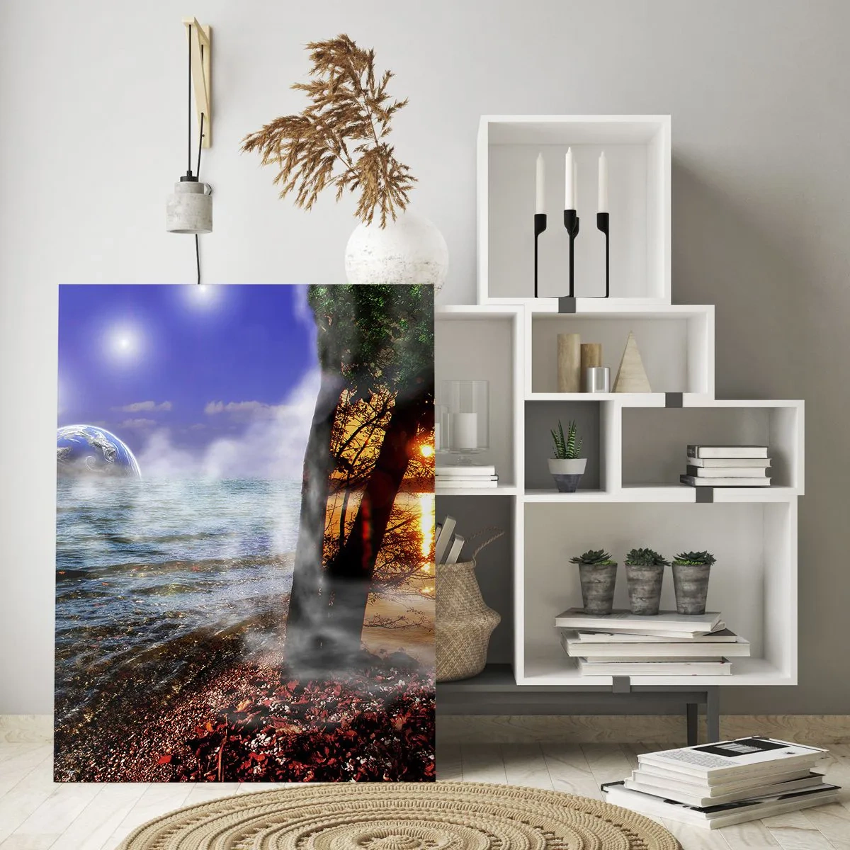 Quadro su vetro - Un paesaggio fantastico con il mare e un pianeta - 50x70cm - Paesaggio surreale: unità della natura - Decorazione murale moderna per soggiorno e camera da letto ARTTOR