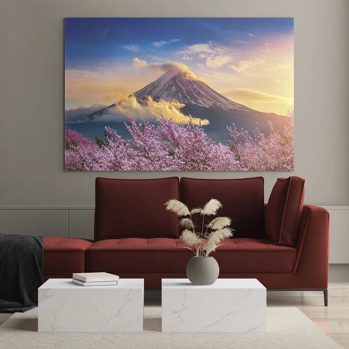 Quadro su vetro - Il monte Fuji sullo sfondo con alberi di ciliegio in fiore in primo piano - 120x80cm - Sacralità giapponese - Decorazione murale moderna per soggiorno e camera da letto ARTTOR