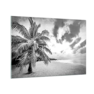 Quadro su vetro - Una palma bianca e nera su una spiaggia deserta con un cielo nuvoloso. - 100x70cm - Quando hai nostalgia della solitudine... - Decorazione murale moderna per soggiorno e camera da letto ARTTOR