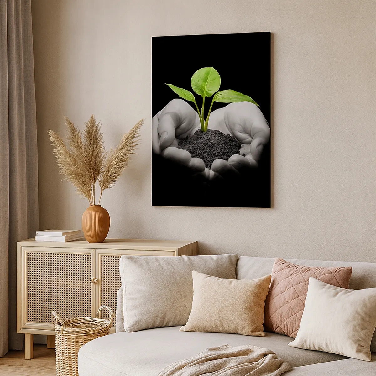 Quadro su tela - Stampe su Tela - Mani che tengono una pianta verde su uno sfondo nero - 50x70cm - Amo la natura, la proteggo - Decorazione murale moderna per soggiorno e camera da letto ARTTOR