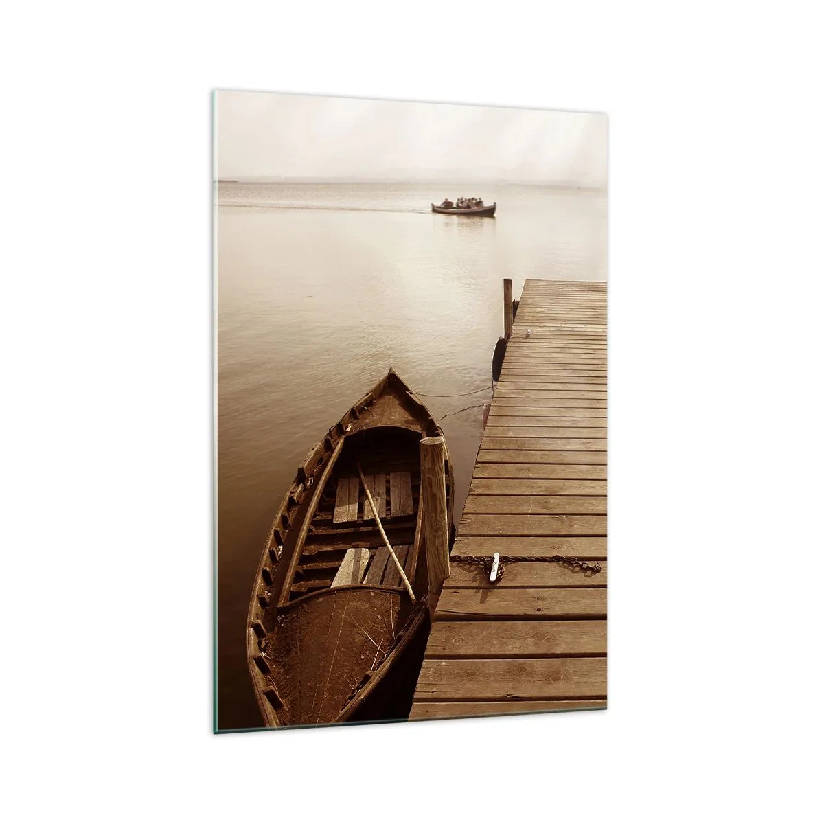Quadro su vetro - Molo di legno e barca su un lago calmo - 70x100cm - La grande pace - Decorazione murale moderna per soggiorno e camera da letto ARTTOR
