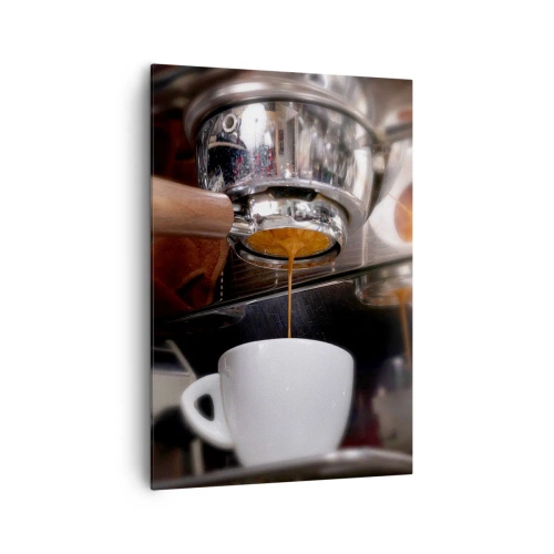 Quadro su tela - Stampe su Tela - Primo piano di una macchina da caffè che prepara un espresso fresco - 70x100cm - Il miglior momento della giornata - Decorazione murale moderna per soggiorno e camera da letto ARTTOR