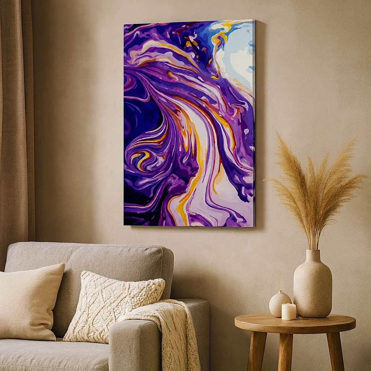 Quadro su tela - Stampe su Tela - Un motivo astratto dinamico nelle tonalità del viola e del giallo. - 50x70cm - Curvatura dello spazio in viola - Decorazione murale moderna per soggiorno e camera da letto ARTTOR