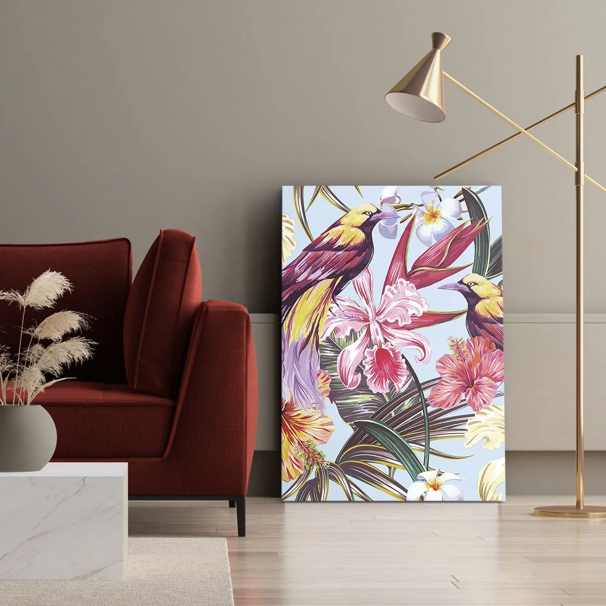 Quadro su tela - Stampe su Tela - Uccelli esotici tra i fiori tropicali - 50x70cm - Petali e piume - Decorazione murale moderna per soggiorno e camera da letto ARTTOR