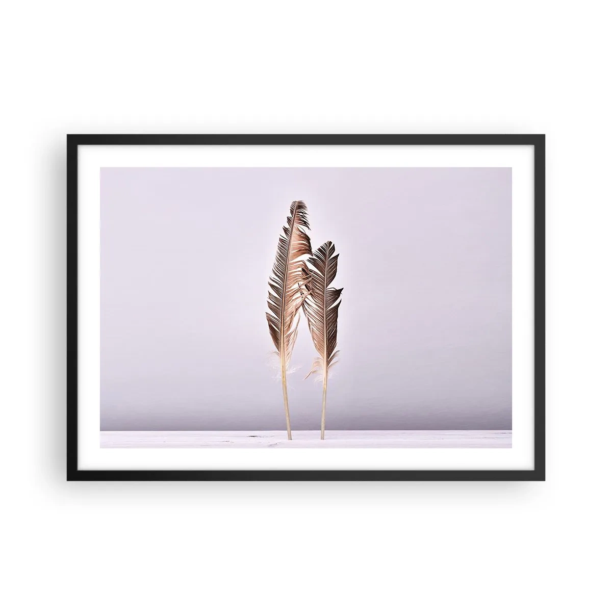 Poster in cornice nera - Piume delicate su uno sfondo chiaro in stile minimalista - 70x50cm - Contro il nulla - Decorazione murale moderna per soggiorno e camera da letto ARTTOR