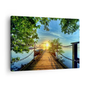 Quadro su tela - Stampe su Tela - Un molo sul lago sotto i raggi del tramonto - 70x50cm - Tramonto sul lago - Decorazione murale moderna per soggiorno e camera da letto ARTTOR