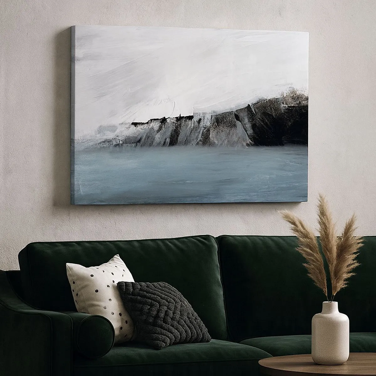Quadro su tela - Stampe su Tela - Paesaggio astratto con acqua e una costa rocciosa - 70x50cm - Acqua-terra: lo scontro degli elementi - Decorazione murale moderna per soggiorno e camera da letto ARTTOR