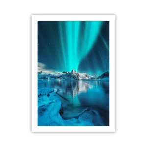 Poster - Aurora boreale sulle montagne innevate - 50x70cm - Notte di luce - Decorazione murale moderna per soggiorno e camera da letto ARTTOR