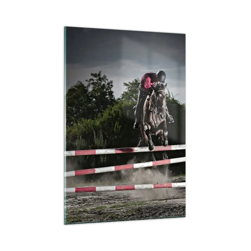Quadro su vetro - Un cavaliere su un cavallo che salta un ostacolo su una pista da corsa - 80x120cm - Insieme fino alla vittoria - Decorazione murale moderna per soggiorno e camera da letto ARTTOR
