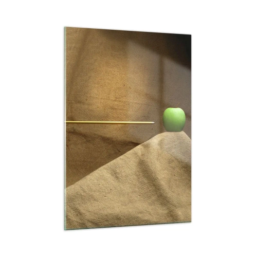 Quadro su vetro - Una mela verde su sfondo beige con una freccia che la trafigge. - 50x70cm - Evocare lo spirito di Guglielmo Tell - Decorazione murale moderna per soggiorno e camera da letto ARTTOR