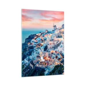 Quadro su vetro - Città greca sulla scogliera al tramonto con vista sul mare - 50x70cm - La tua grossa vacanza greca - Decorazione murale moderna per soggiorno e camera da letto ARTTOR