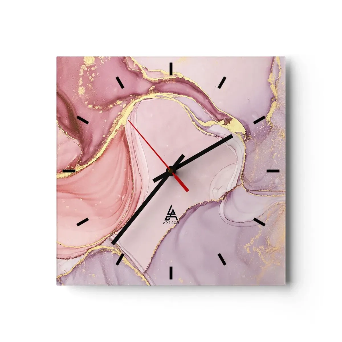 Orologio da parete - Orologio in Vetro - Delicati motivi astratti nelle tonalità del rosa e dell'oro - 30x30cm - La carezza dei colori - Decorazione murale moderna per soggiorno e camera da letto ARTTOR