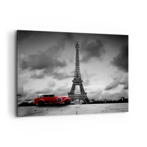 Quadro su tela - Stampe su Tela - Auto retrò rossa davanti alla Torre Eiffel in bianco e nero - 100x70cm - Non molto tempo fa a Parigi - Decorazione murale moderna per soggiorno e camera da letto ARTTOR
