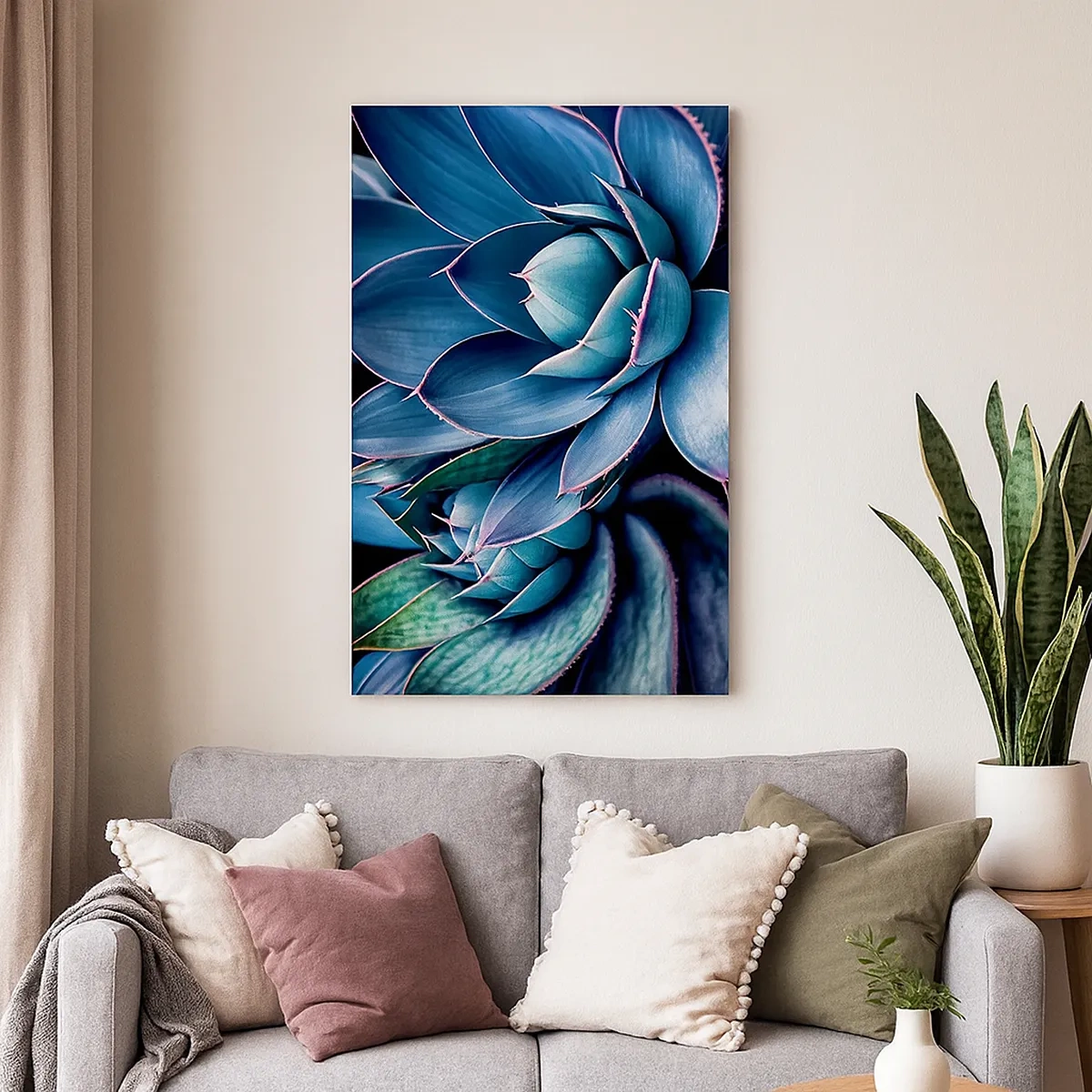 Quadro su tela - Stampe su Tela - Agave nelle tonalità del blu e del verde con accenti rosa - 50x70cm - Forza vitale - Decorazione murale moderna per soggiorno e camera da letto ARTTOR