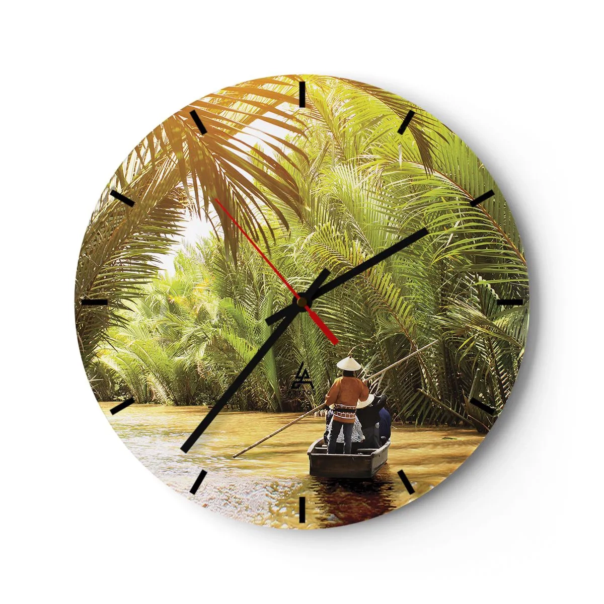 Orologio da parete - Orologio in Vetro - Persone su una barca che naviga attraverso una fitta foresta di palme - 30x30cm - Tunnel di palme - Decorazione murale moderna per soggiorno, cucina e camera da letto ARTTOR