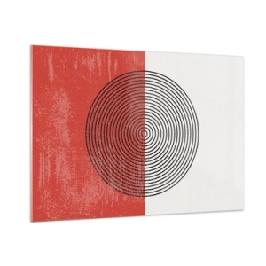 Quadro su vetro - Motivo geometrico con un cerchio su sfondo rosso e bianco - 100x70cm - Dritto al centro - Decorazione murale moderna per soggiorno e camera da letto ARTTOR