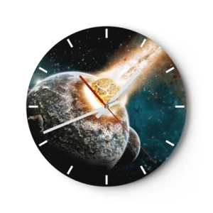 Orologio da parete - Orologio in Vetro - Terra e meteorite in un'esplosione cosmica - 30x30cm - Estinzione o nascita? - Decorazione murale moderna per soggiorno, cucina e camera da letto ARTTOR