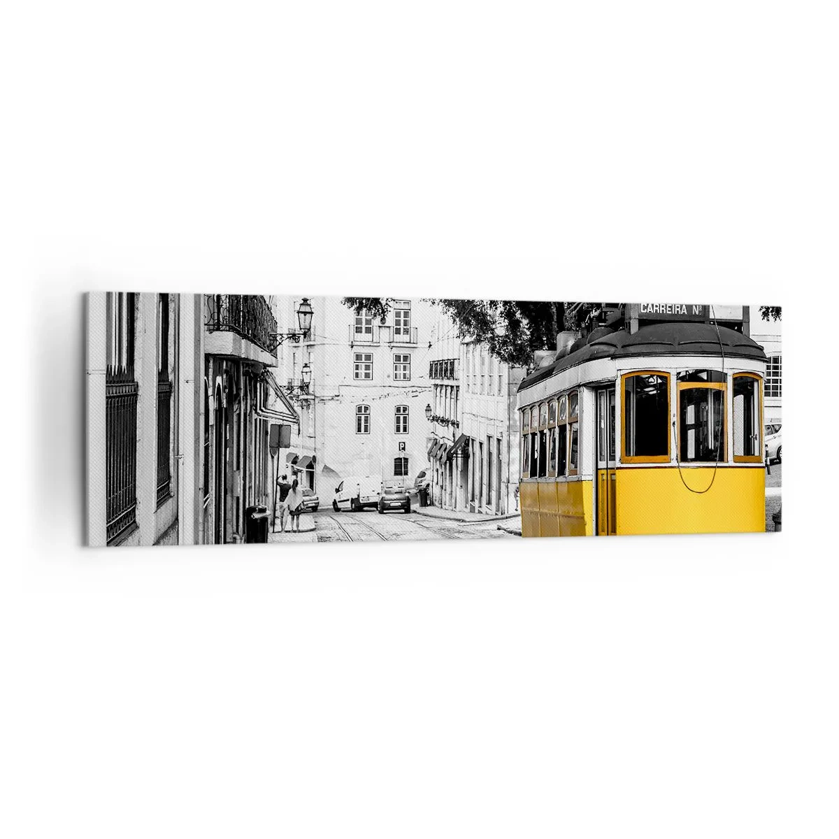 Quadro su tela - Stampe su Tela - Un tram giallo sullo sfondo di una strada bianca e nera - 160x50cm - Con il fado in sottofondo - Decorazione murale moderna per soggiorno e camera da letto ARTTOR