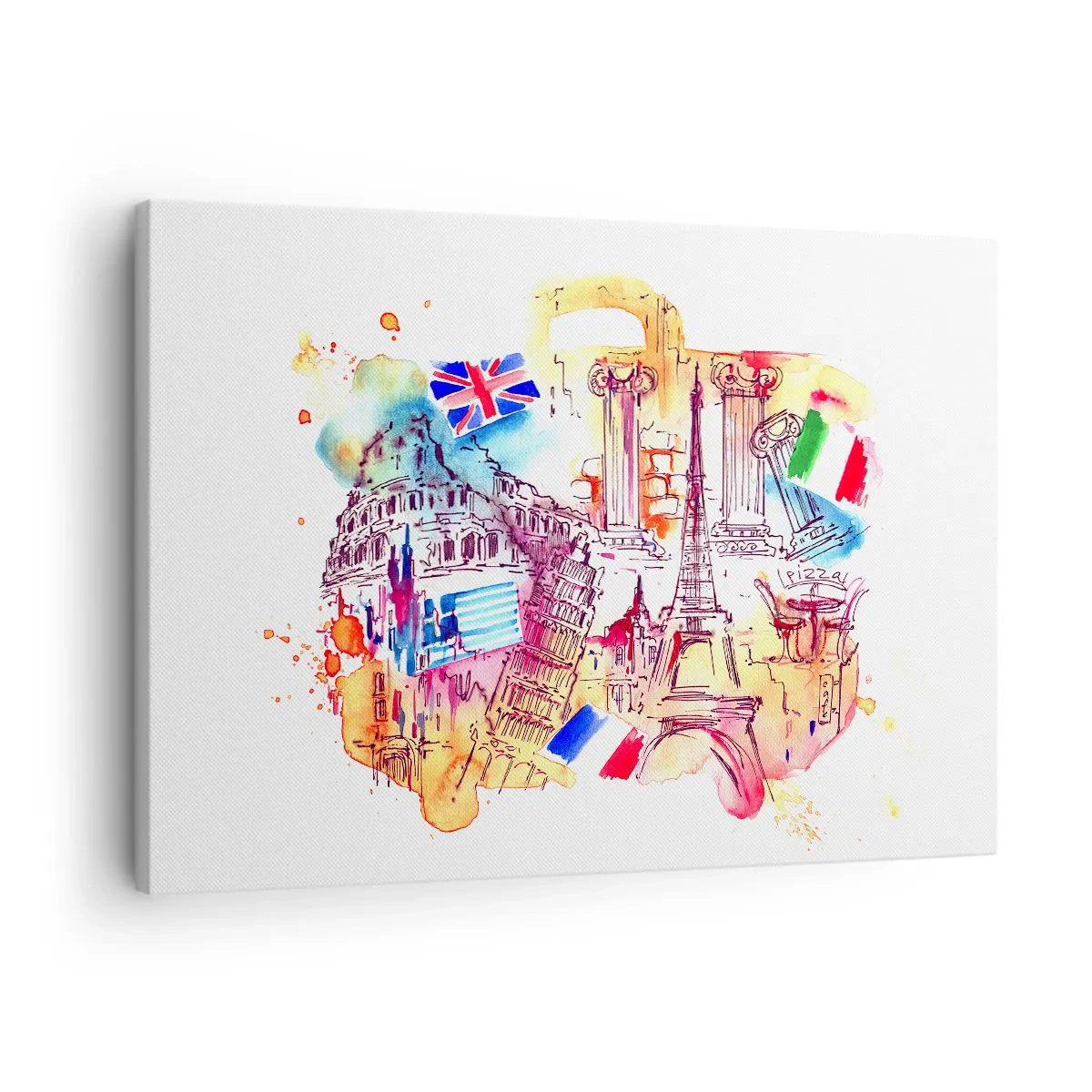 Quadro su tela - Stampe su Tela - Acquerello di simboli europei con bandiere nazionali - 70x50cm - Tournée europea - Decorazione murale moderna per soggiorno e camera da letto ARTTOR