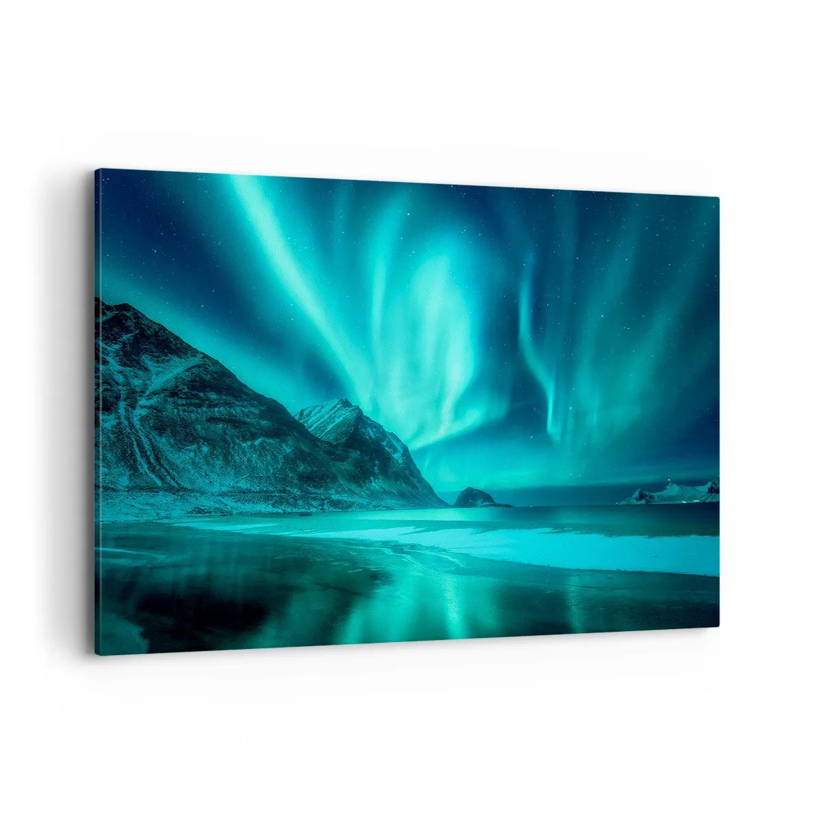 Quadro su tela - Stampe su Tela - Aurora boreale su un paesaggio invernale montuoso - 120x80cm - Miracolo del Nord - Decorazione murale moderna per soggiorno e camera da letto ARTTOR