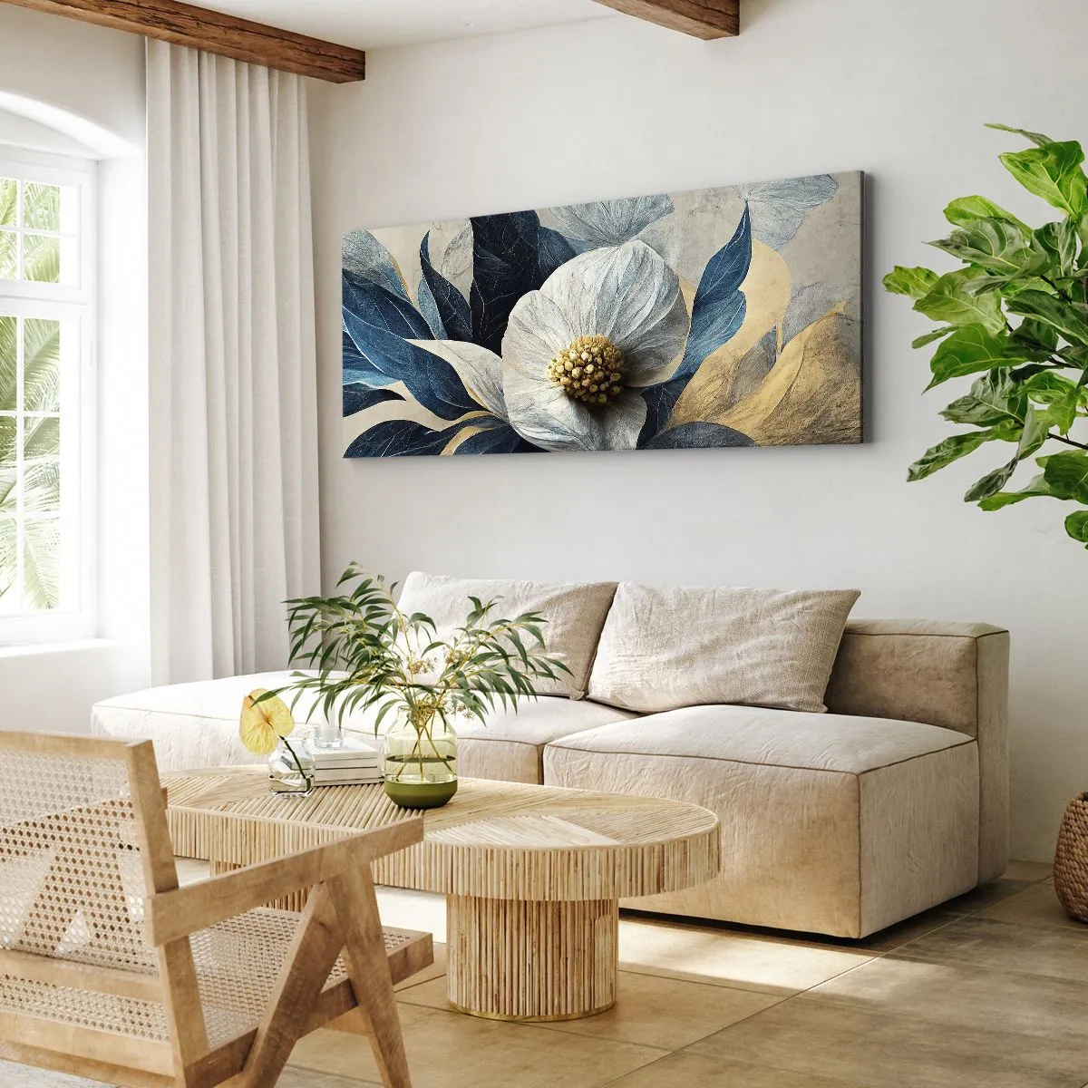 Quadro su tela - Stampe su Tela - Un fiore con foglie blu su uno sfondo elegante - 160x50cm - Ha un cuore d'oro - Decorazione murale moderna per soggiorno e camera da letto ARTTOR