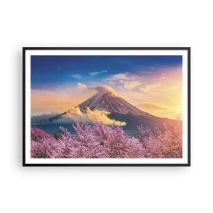 Poster in cornice nera - Il monte Fuji con i fiori di ciliegio sullo sfondo al tramonto - 100x70cm - Sacralità giapponese - Decorazione murale moderna per soggiorno e camera da letto ARTTOR