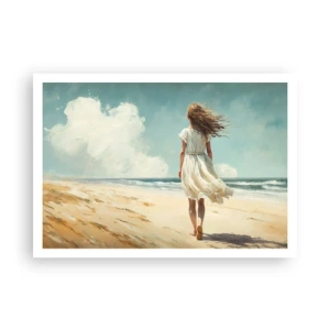 Poster - Una donna in abito bianco che cammina sulla spiaggia in una giornata di sole - 100x70cm - Dove sole e vento si incontrano - Decorazione murale moderna per soggiorno e camera da letto ARTTOR