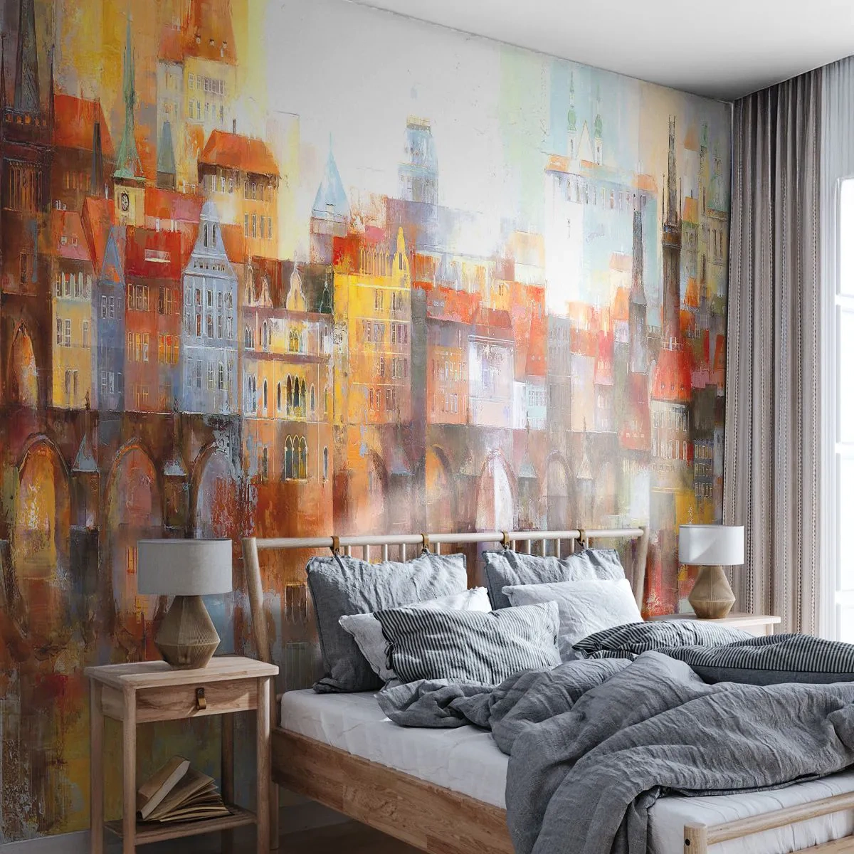 Fotomurali Premium Sand - Un pittoresco panorama della città con il ponte riflesso nell'acqua - 100x70cm - Anche sotto il ponte è bello - Decorazione murale moderna per soggiorno e camera da letto ARTTOR