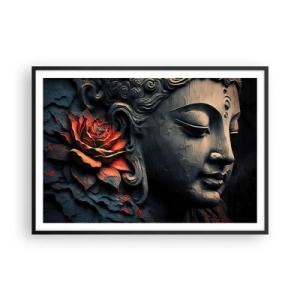 Poster in cornice nera - Scultura del Buddha con un fiore di loto rosso - 100x70cm - In armonia con il mondo - Decorazione murale moderna per soggiorno e camera da letto ARTTOR
