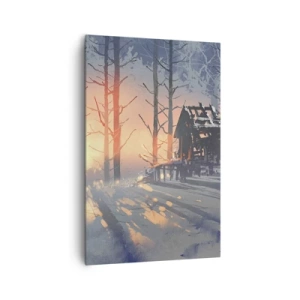 Quadro su tela - Stampe su Tela - Una casetta nel bosco in un paesaggio invernale con i raggi del sole al tramonto - 80x120cm - Qui solamente il sole osserva - Decorazione murale moderna per soggiorno e camera da letto ARTTOR