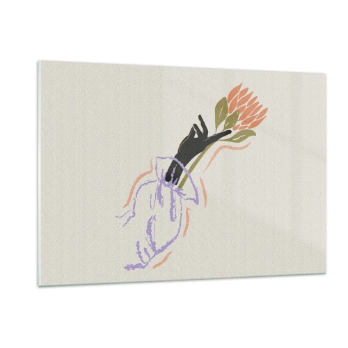 Quadro su vetro - Una mano stilizzata con un mazzo di fiori disegnato con linee pastello. - 120x80cm - Tocco delicato - Decorazione murale moderna per soggiorno e camera da letto ARTTOR