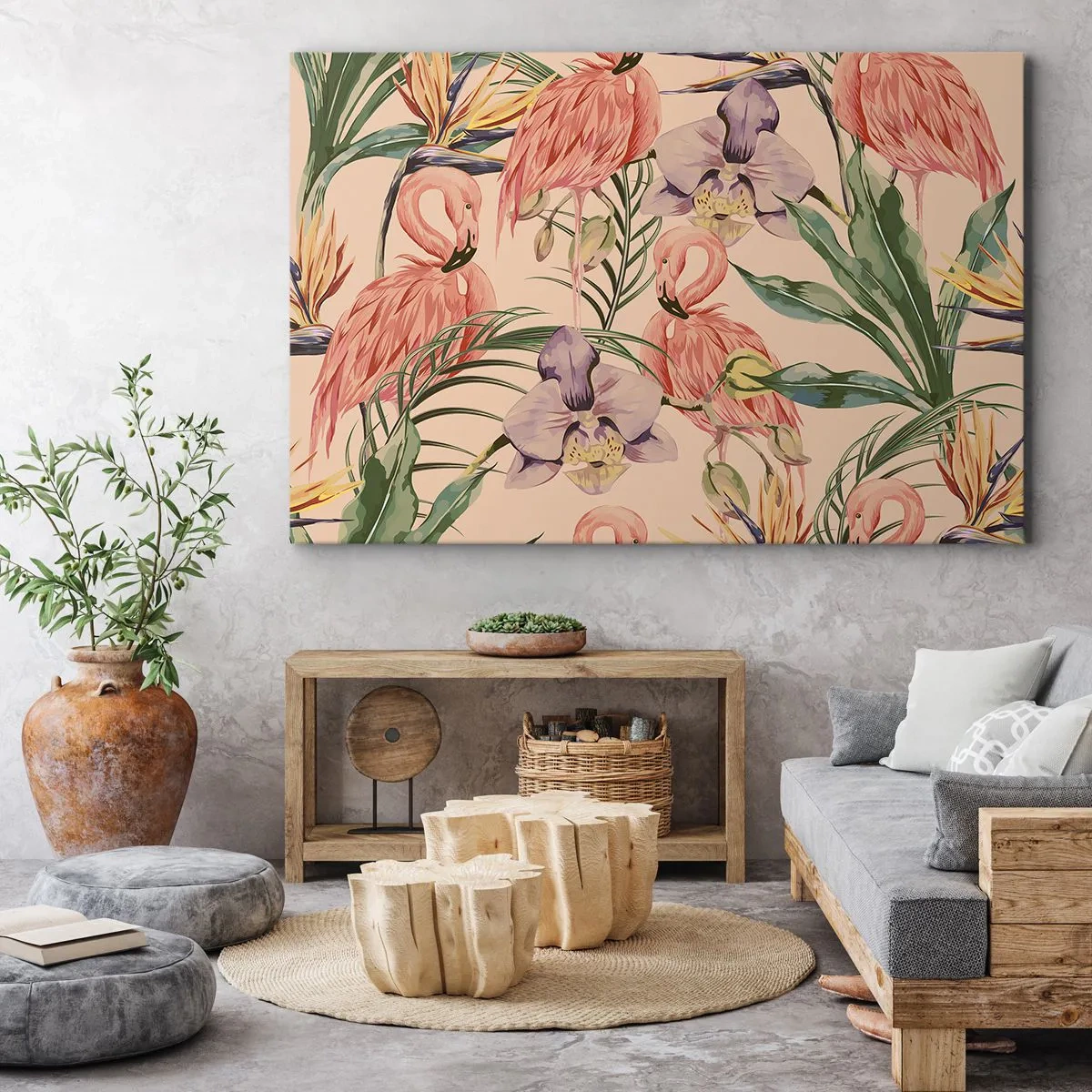 Quadro su tela - Stampe su Tela - Fenicotteri e fiori tropicali su uno sfondo chiaro - 120x80cm - Un ballo rosa nei fiori - Decorazione murale moderna per soggiorno e camera da letto ARTTOR