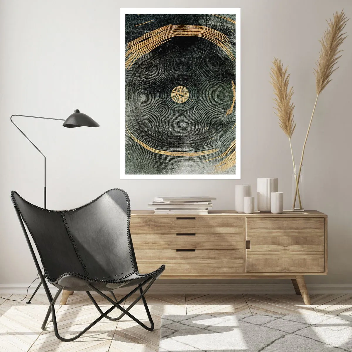 Poster - Venature astratte del legno nei toni dell'oro e del nero - 50x70cm - Cambiamento e persistenza - Decorazione murale moderna per soggiorno e camera da letto ARTTOR