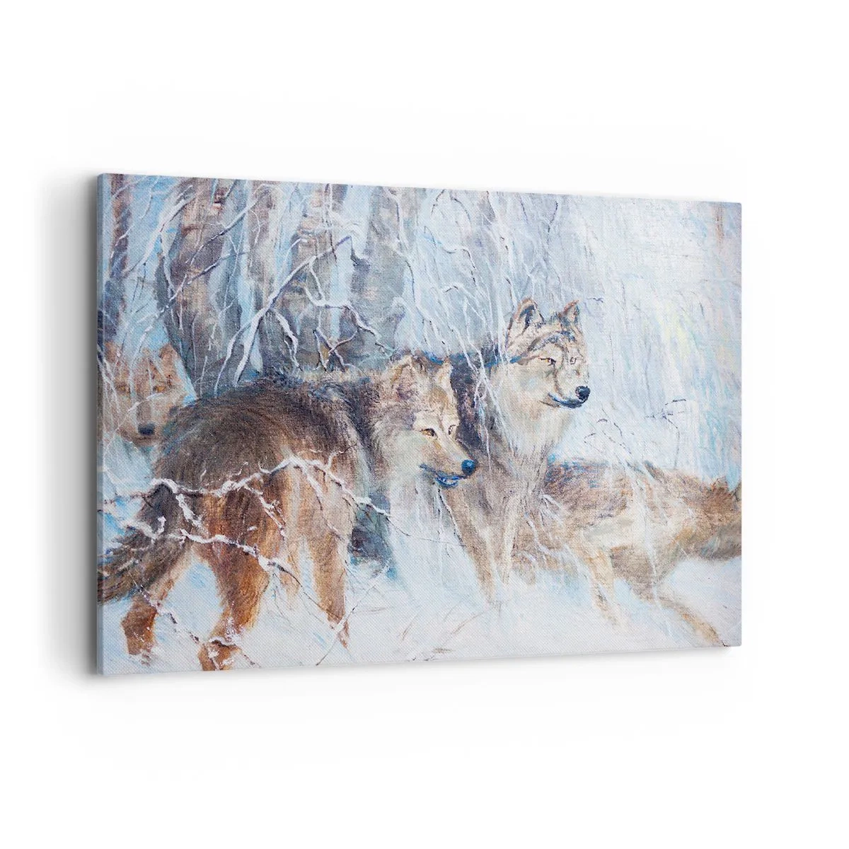 Quadro su tela - Stampe su Tela - Lupi in una foresta invernale contro uno sfondo innevato - 100x70cm - Attenzione! In arrivo... - Decorazione murale moderna per soggiorno e camera da letto ARTTOR