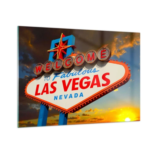 Quadro su vetro - Cartello di benvenuto di Las Vegas contro il sole al tramonto - 100x70cm - Cercando la fortuna - Decorazione murale moderna per soggiorno e camera da letto ARTTOR