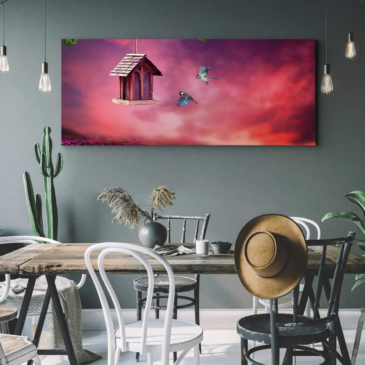 Quadro su tela - Stampe su Tela - Un paesaggio pittoresco con una casetta per gli uccelli e un tramonto - 140x50cm - Invito a cena - Decorazione murale moderna per soggiorno e camera da letto ARTTOR