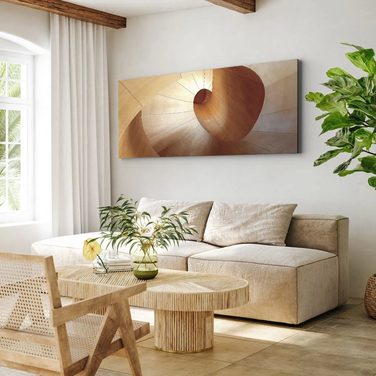 Quadro su tela - Stampe su Tela - Spirale astratta nei toni del legno e del marrone chiaro - 140x50cm - Serpentina architettonica - Decorazione murale moderna per soggiorno e camera da letto ARTTOR