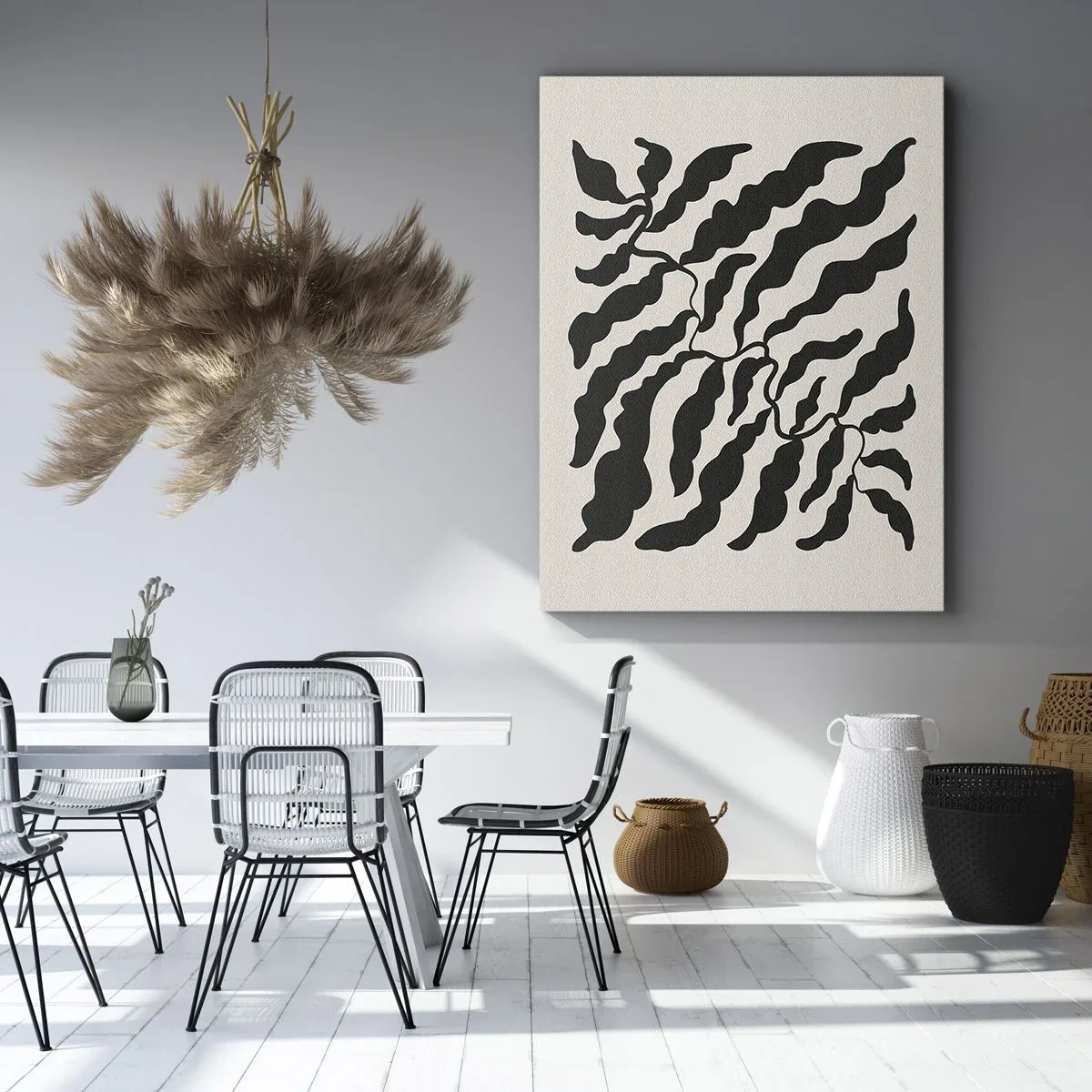 Quadro su tela - Stampe su Tela - Ramoscelli con foglie nere su sfondo chiaro - 70x100cm - La natura del quadrato - Decorazione murale moderna per soggiorno e camera da letto ARTTOR